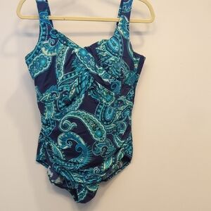 Lands' End Navy One-Piece Swimsuit with Teal Paisley Accents